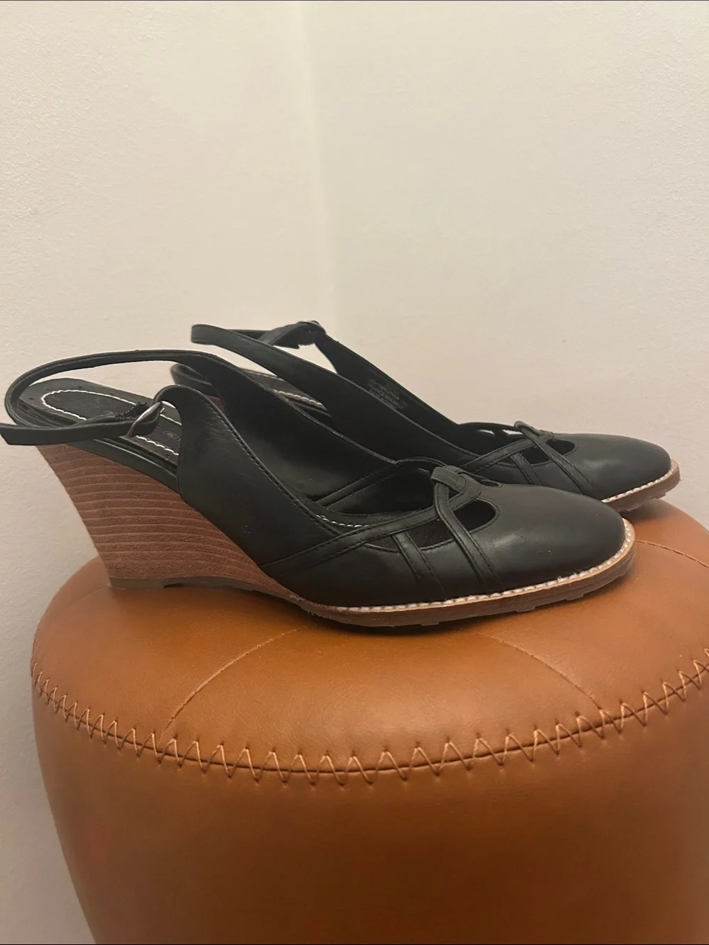 Bandolino Black Slingback Wedge Heels with Wood-Effect Heel